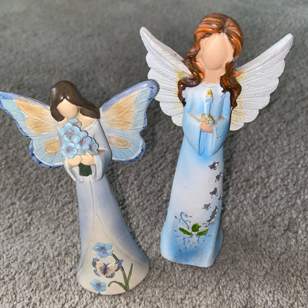 Vintage Resin Painted Faceless Angel Figurines‎ Carved Floral Butterfly Set of 2